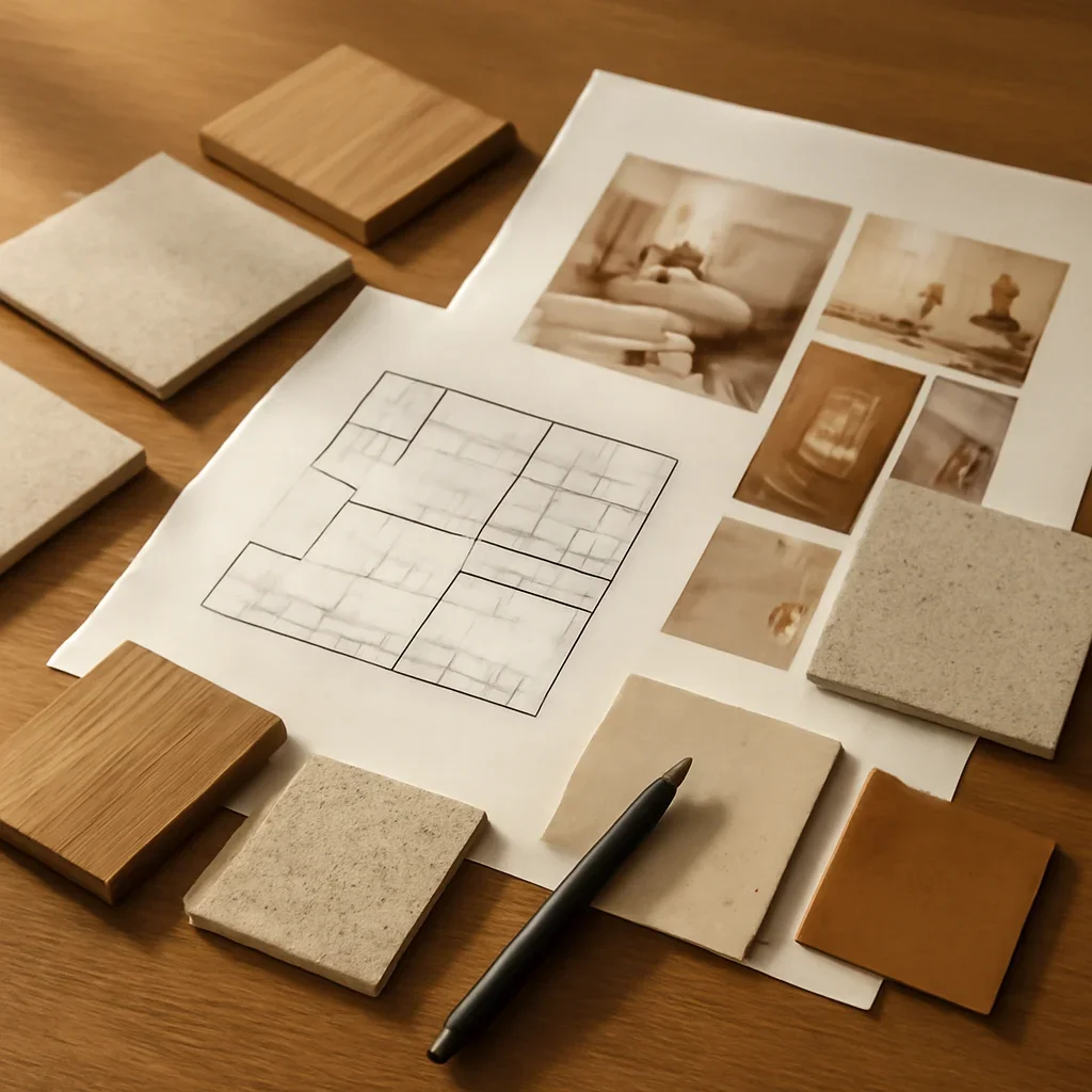 Design planning materials and selections arranged for a about project.