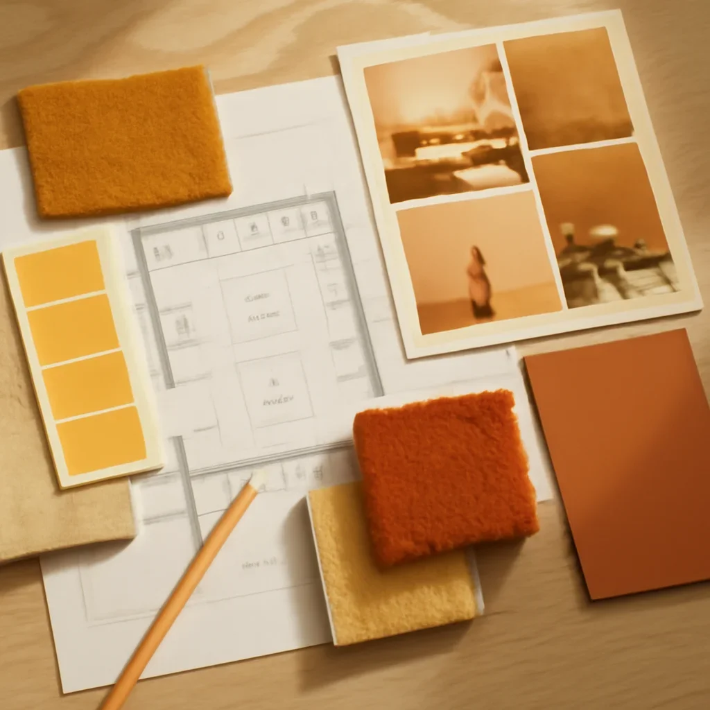 Design planning materials and selections arranged for a analogous color scheme for interior design project.
