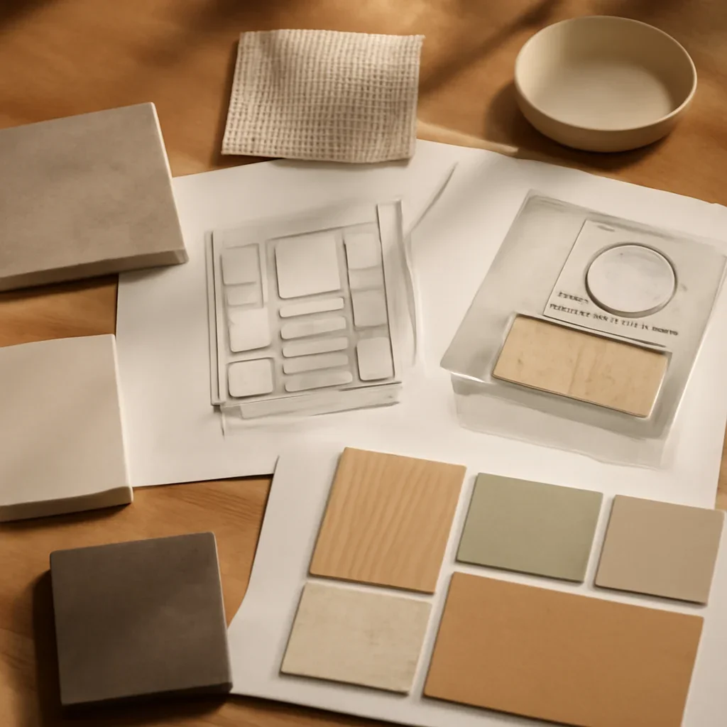 Design planning materials and selections arranged for a bathroom color ideas for small spaces project.