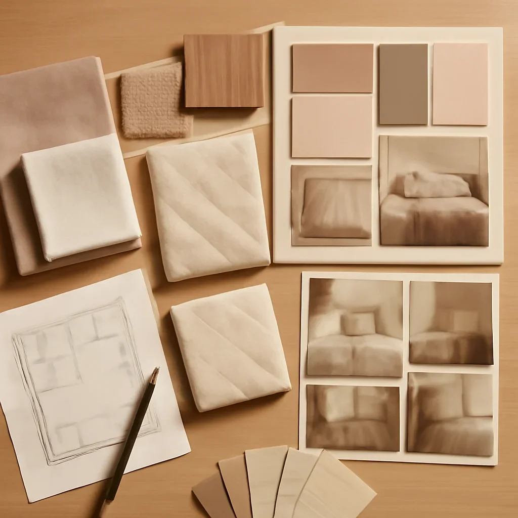 Design planning materials and selections arranged for a bedroom bedding combinations: designer tricks project.