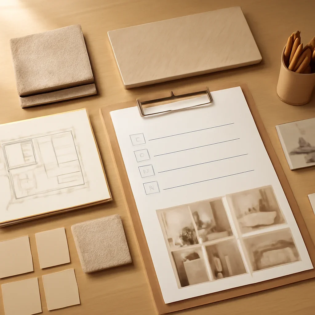 Design planning materials and selections arranged for a before you hire an interior designer: checklist project.