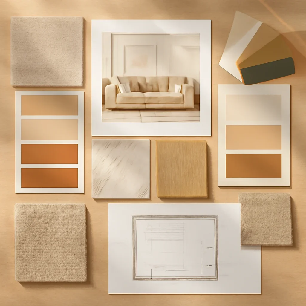 Design planning materials and selections arranged for a best color schemes for living rooms project.