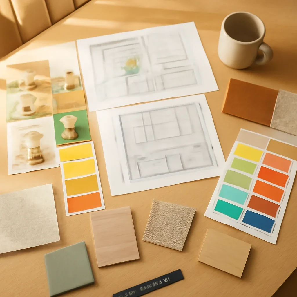 Design planning materials and selections arranged for a bright home office color ideas project.