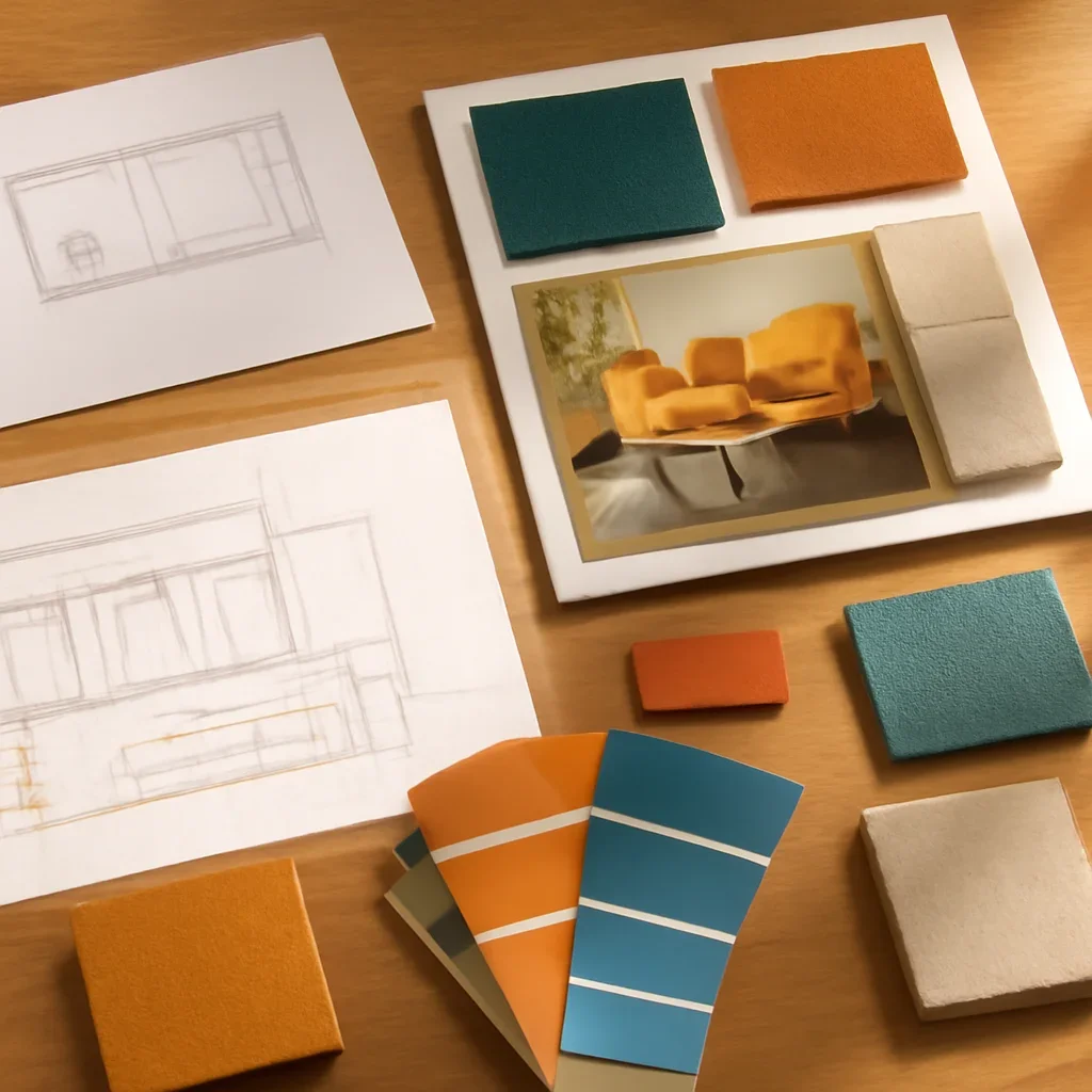 Design planning materials and selections arranged for a complementary color scheme for interior design project.