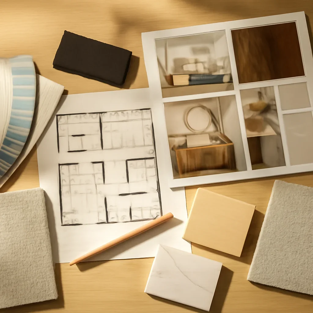 Design planning materials and selections arranged for a how to build a home color palette project.