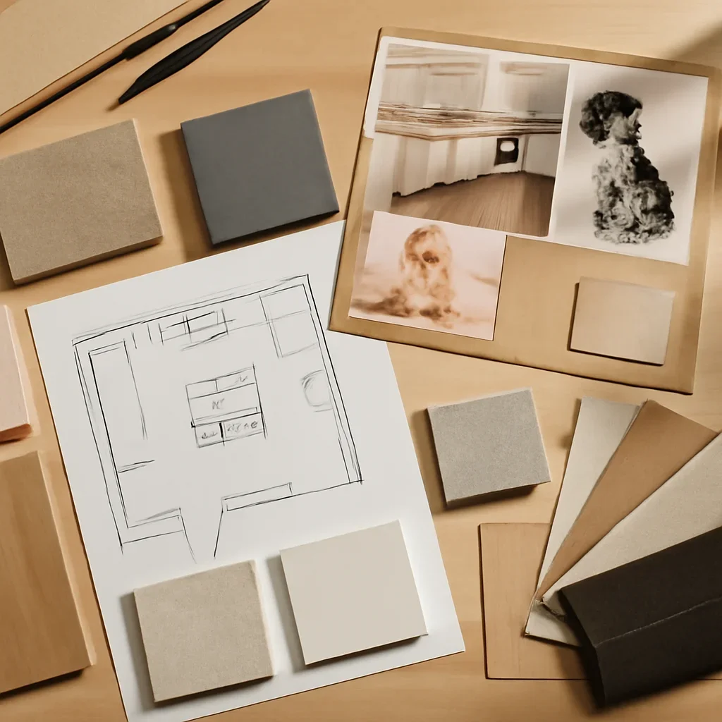 Design planning materials and selections arranged for a how to design a pet-friendly kitchen project.