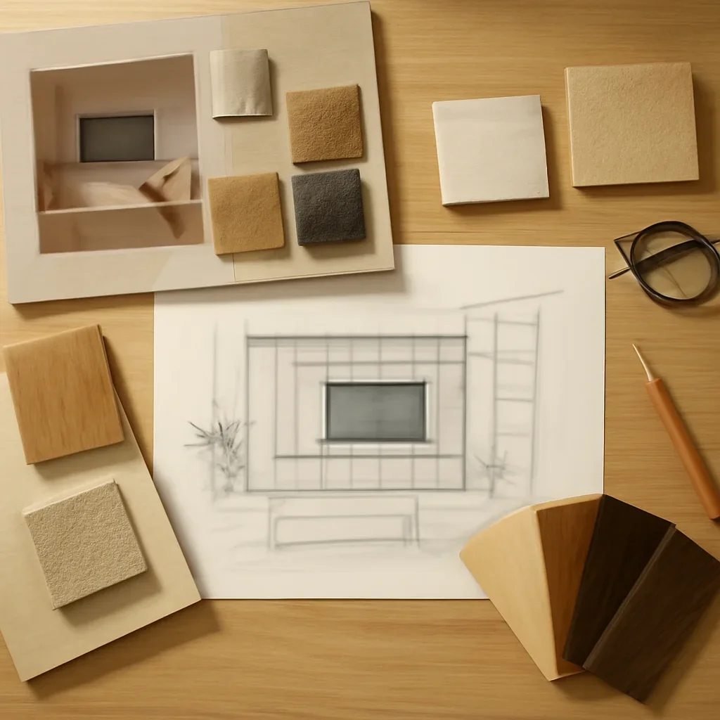 Design planning materials and selections arranged for a how to hide a tv without hurting your design project.