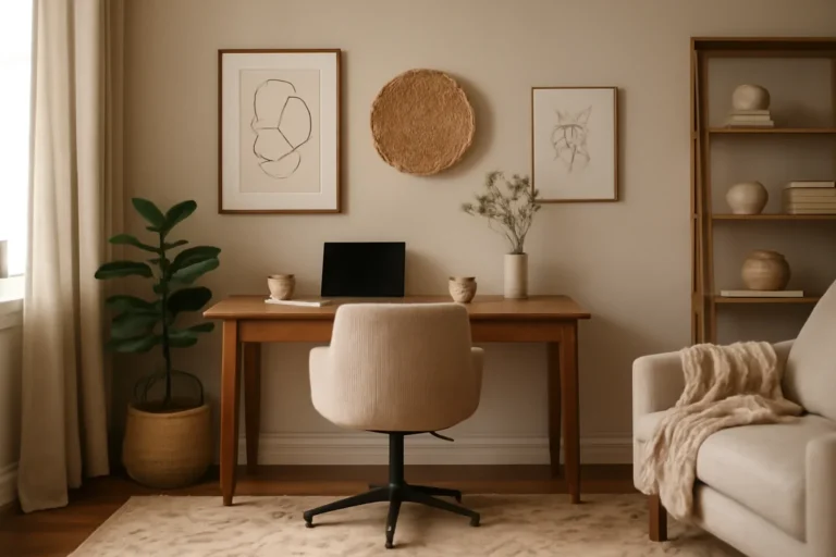 How to Plan a Home Office Makeover concept shown in a warm, thoughtfully layered interior.
