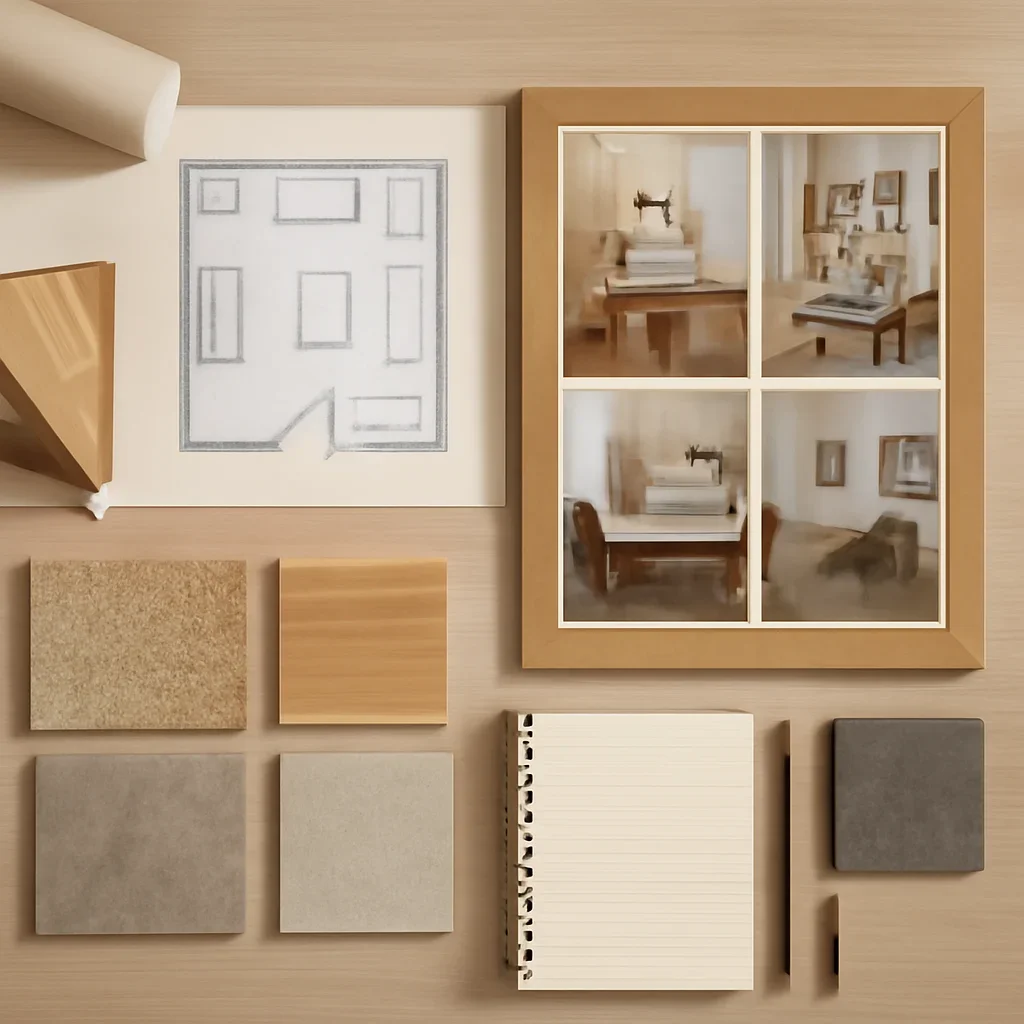 Design planning materials and selections arranged for a how to plan a home office makeover project.