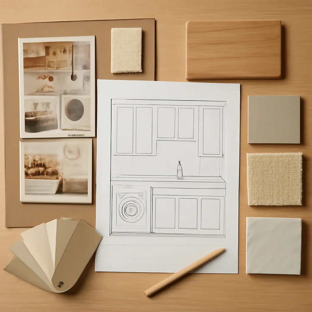 Design planning materials and selections arranged for a laundry room design ideas that add storage project.
