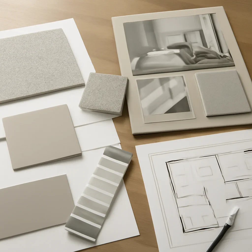 Design planning materials and selections arranged for a monochromatic color scheme for interior design project.