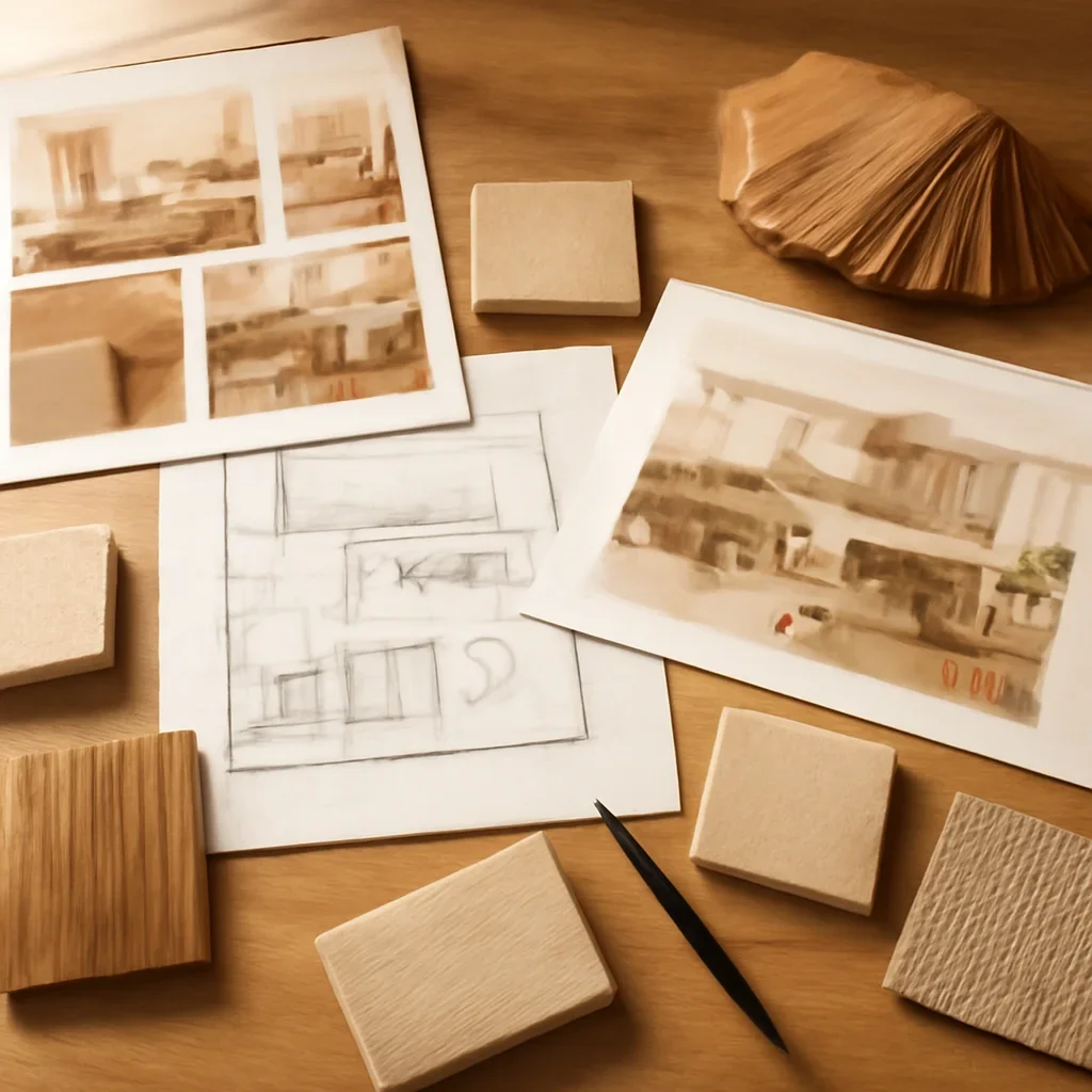 Design planning materials and selections arranged for a open concept kitchen and living room layout ideas project.