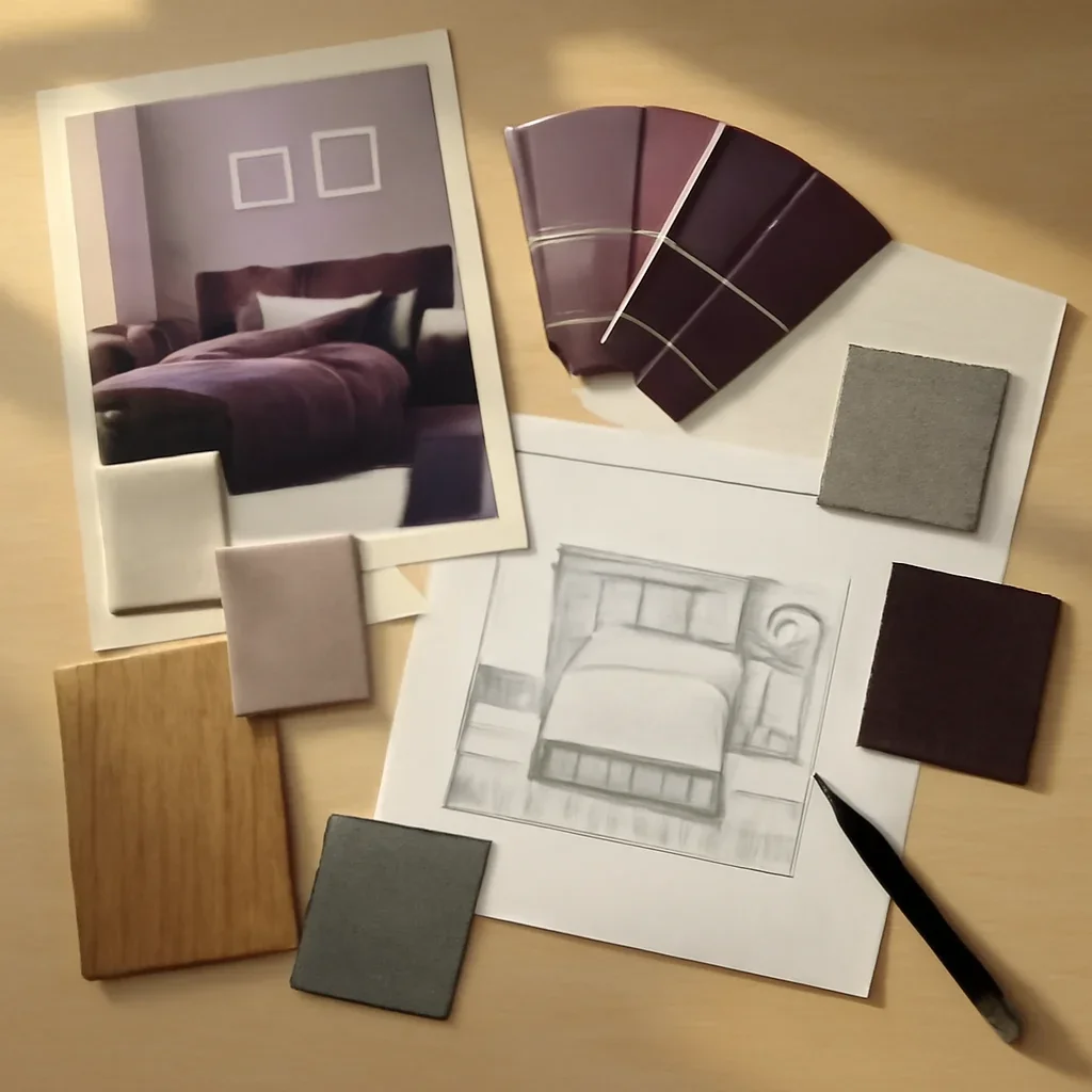 Design planning materials and selections arranged for a purple bedroom ideas that feel grown-up project.