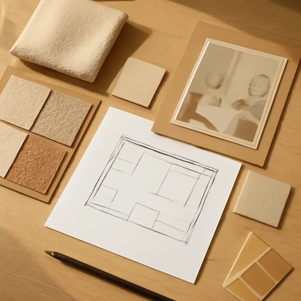 Design planning materials and selections arranged for a small bedroom layout ideas project.