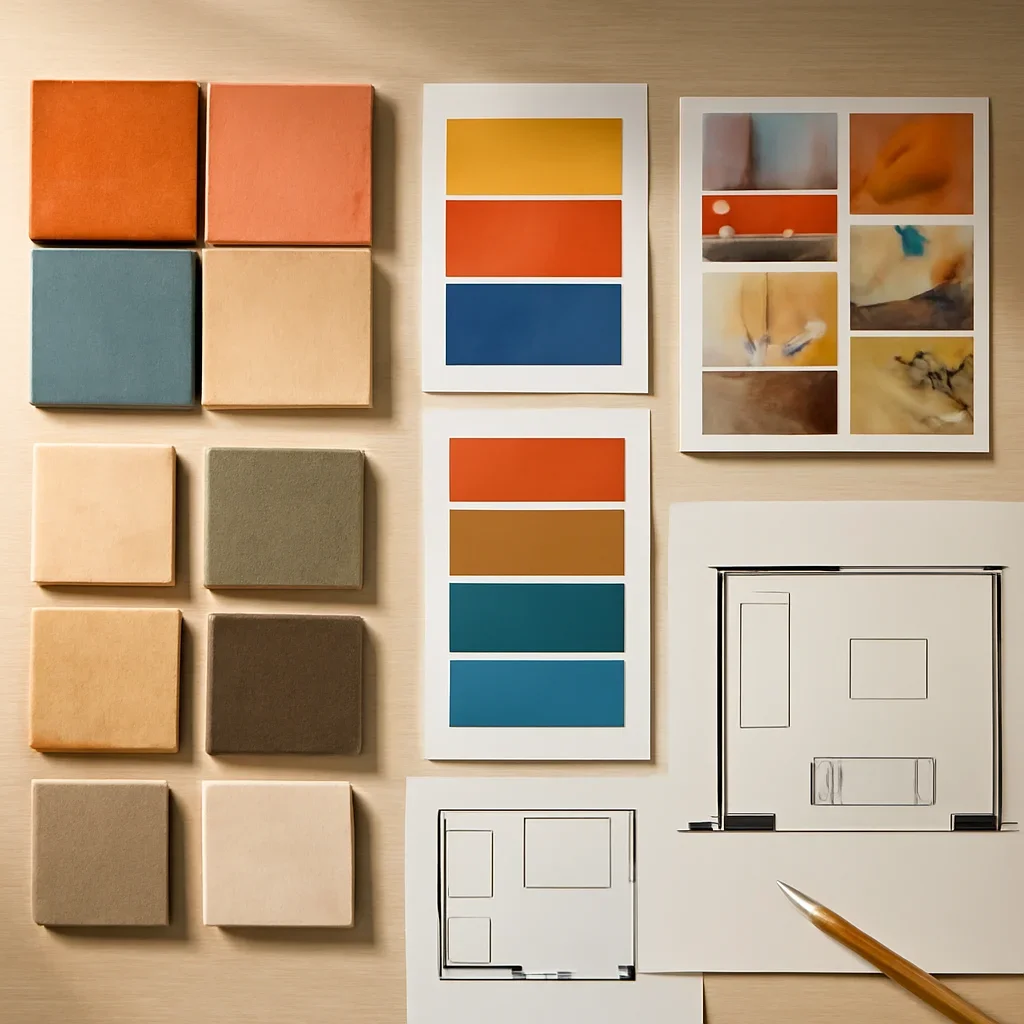 Design planning materials and selections arranged for a triadic and tetradic color schemes explained project.