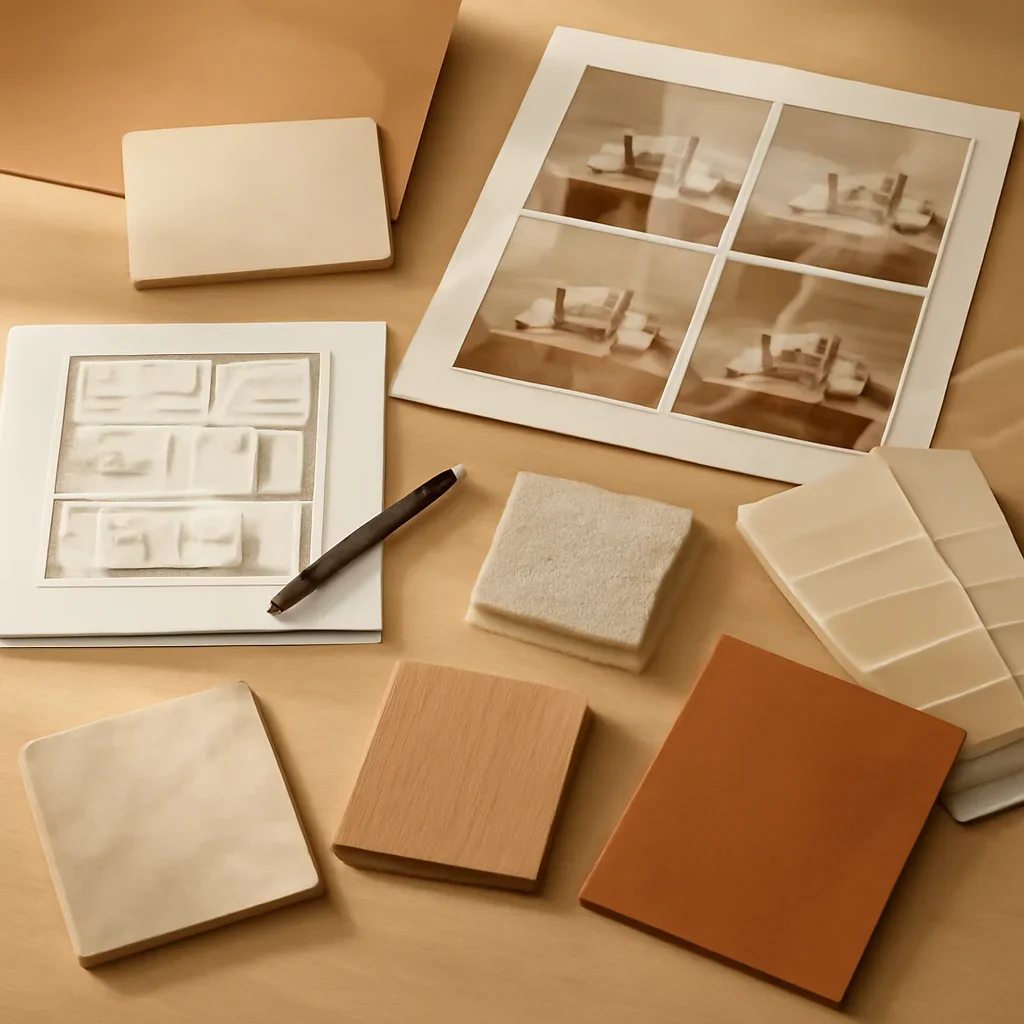 Design planning materials and selections arranged for a case studies project.