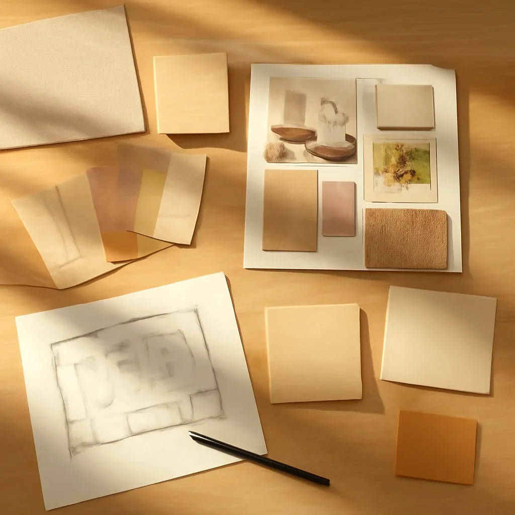 Design planning materials and selections arranged for a color consultation package project.