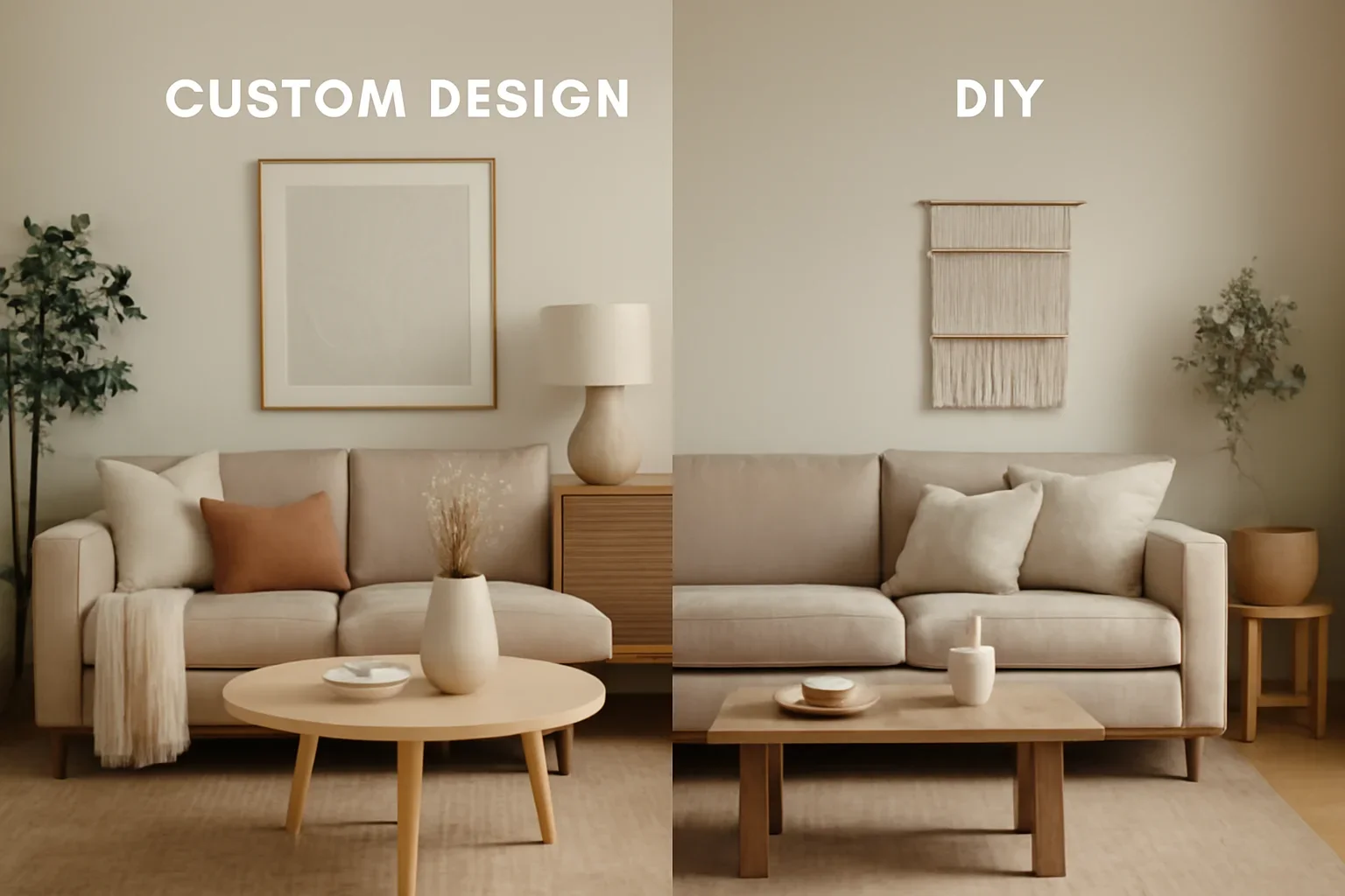 Custom Design vs DIY concept shown in a warm, thoughtfully layered interior.