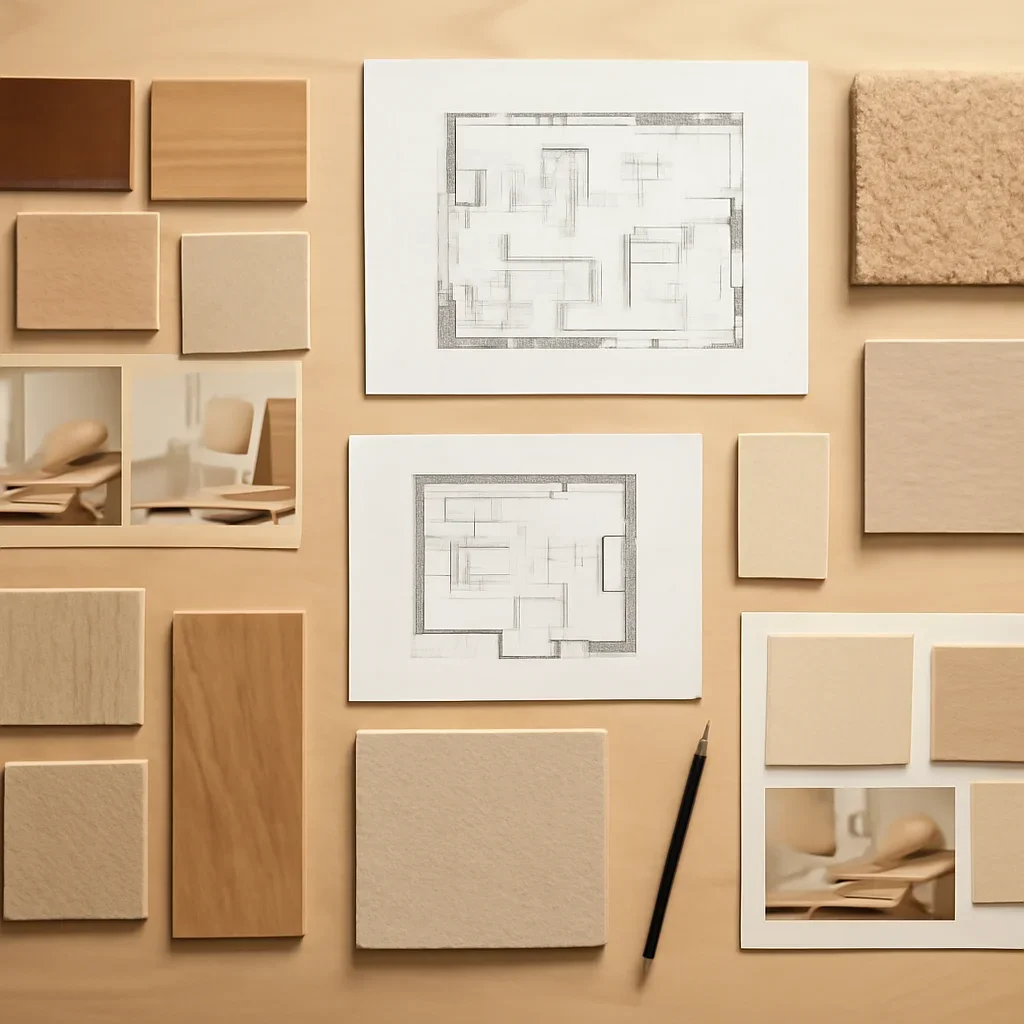 Design planning materials and selections arranged for a custom design vs diy project.