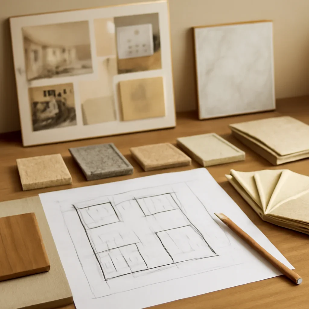 Design planning materials and selections arranged for a interior designer vs decorator project.