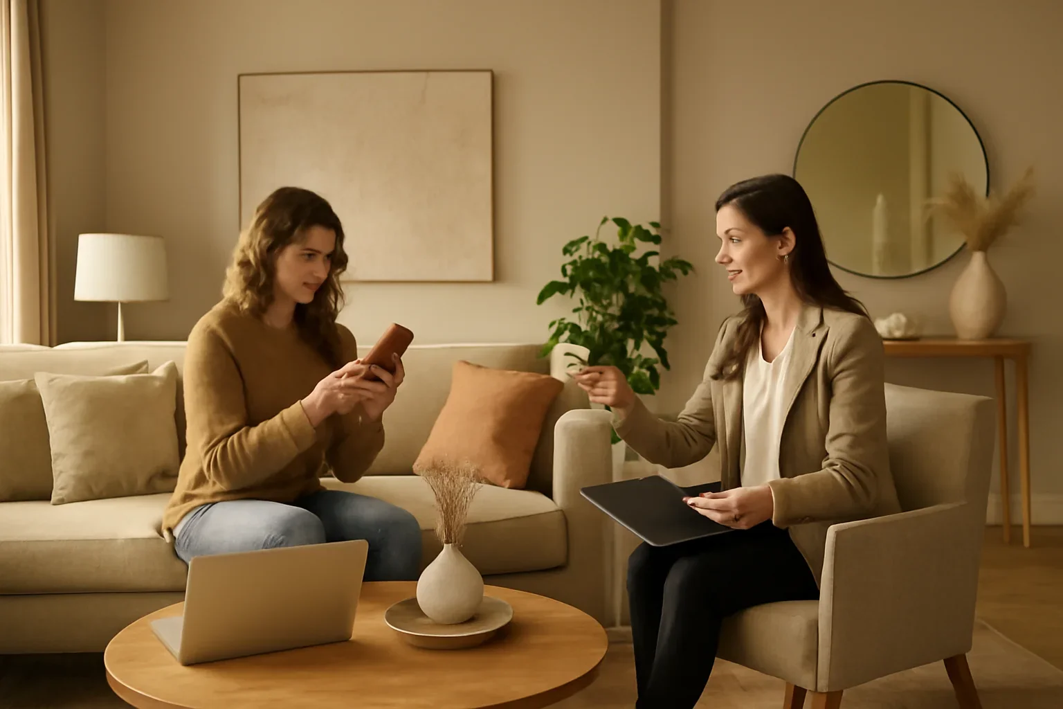 Virtual Interior Design vs In-Person concept shown in a warm, thoughtfully layered interior.