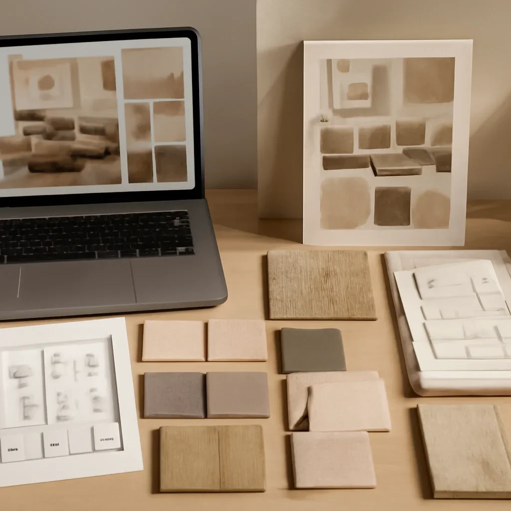 Design planning materials and selections arranged for a virtual interior design vs in-person project.