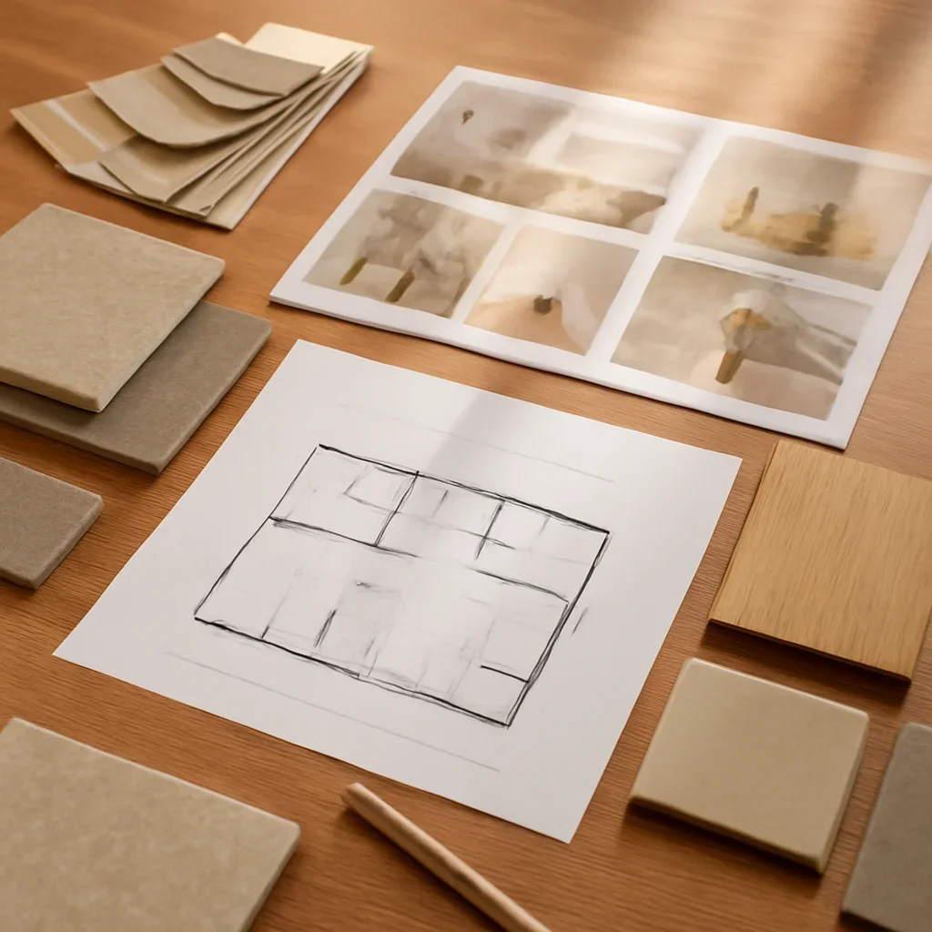 Design planning materials and selections arranged for a contact project.