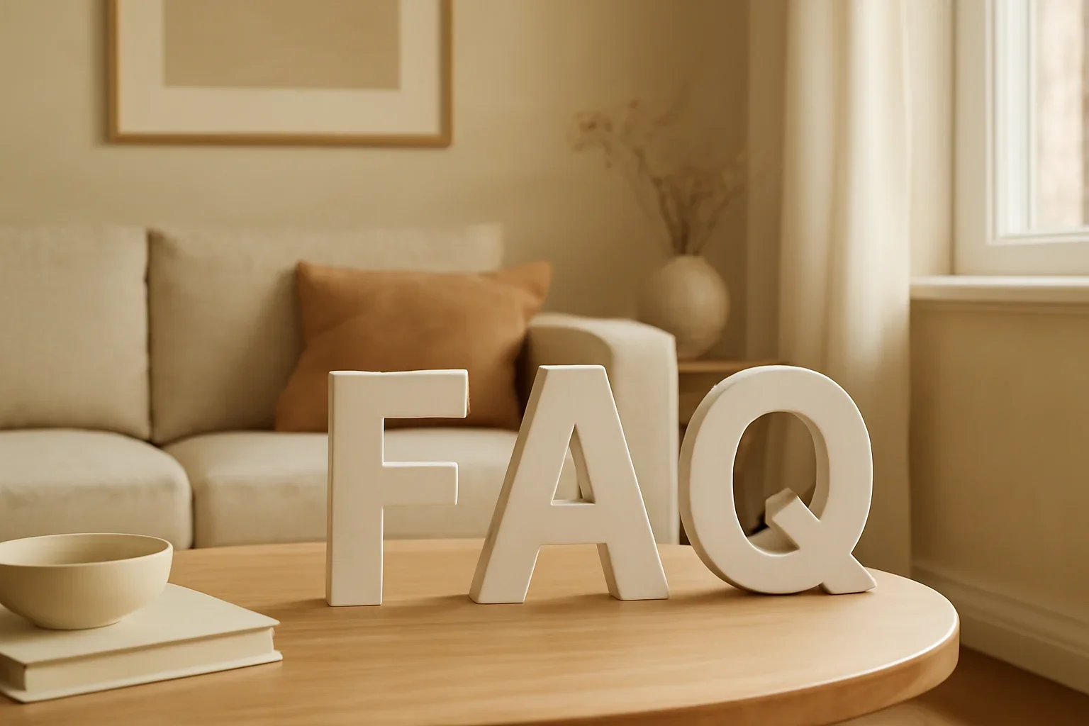 FAQ concept shown in a warm, thoughtfully layered interior.
