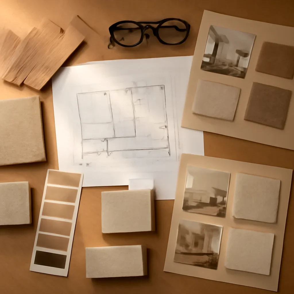 Design planning materials and selections arranged for a faq project.