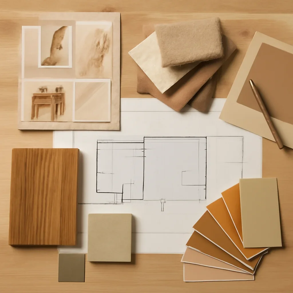 Design planning materials and selections arranged for a color consultation project.