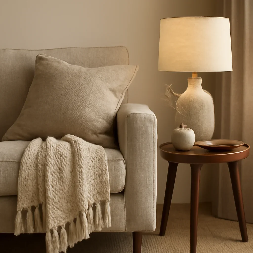 Close-up interior styling details that reflect the finish and mood of furniture layout.