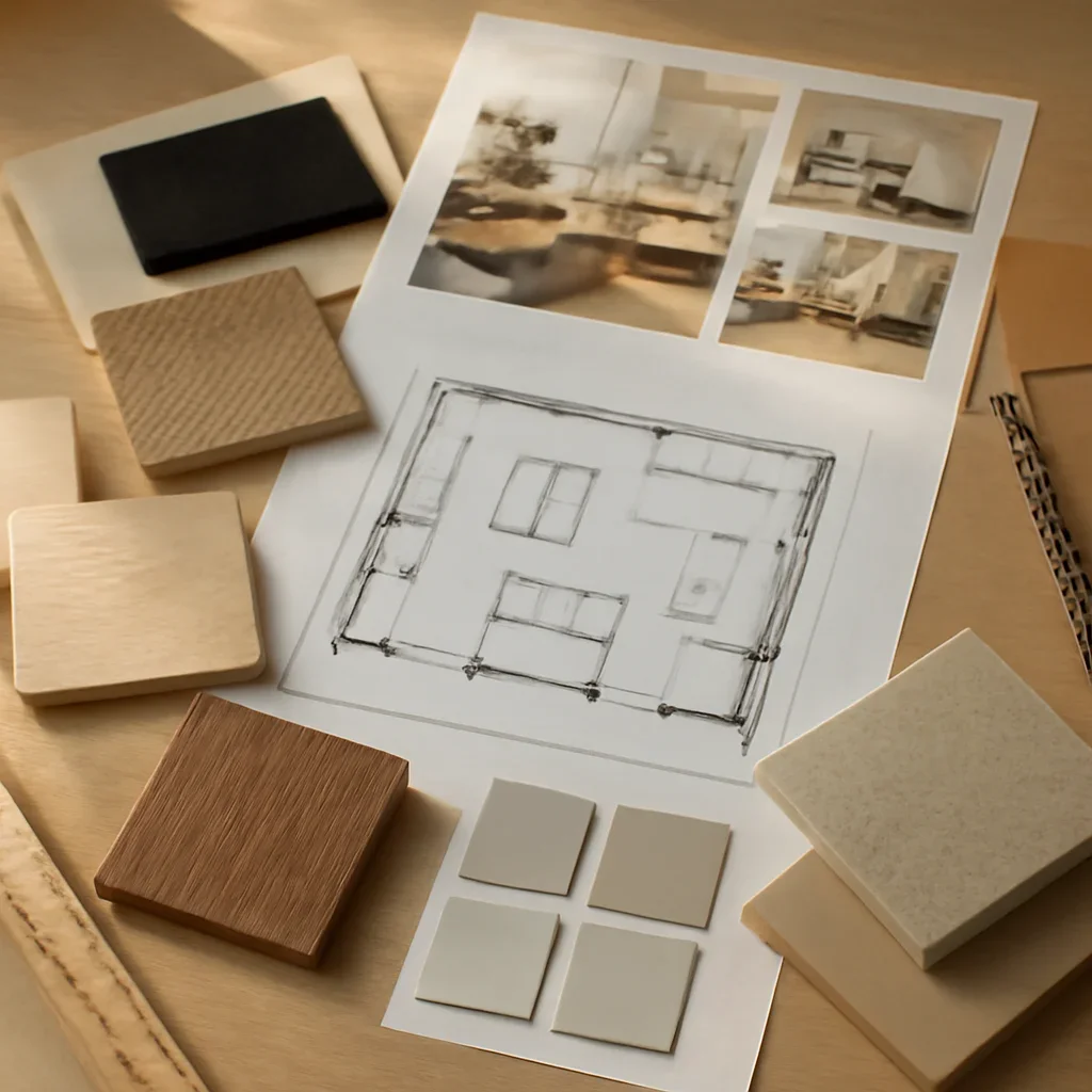 Design planning materials and selections arranged for a furniture layout project.