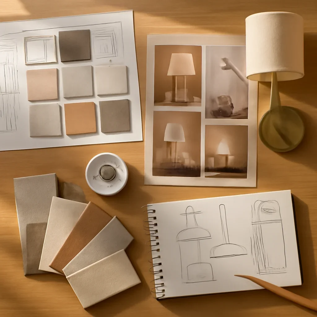 Design planning materials and selections arranged for a lighting design project.
