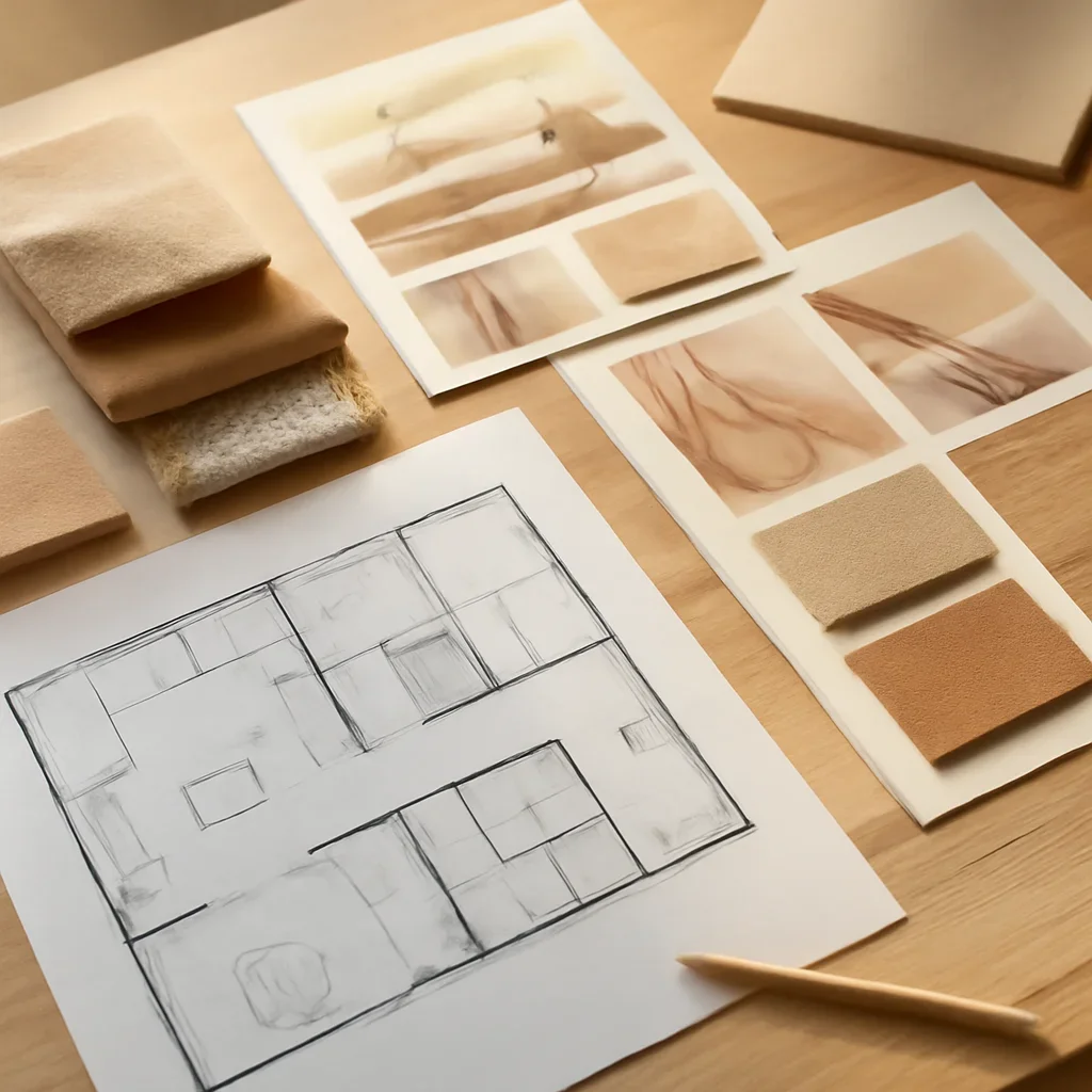Design planning materials and selections arranged for a material & finish selection project.