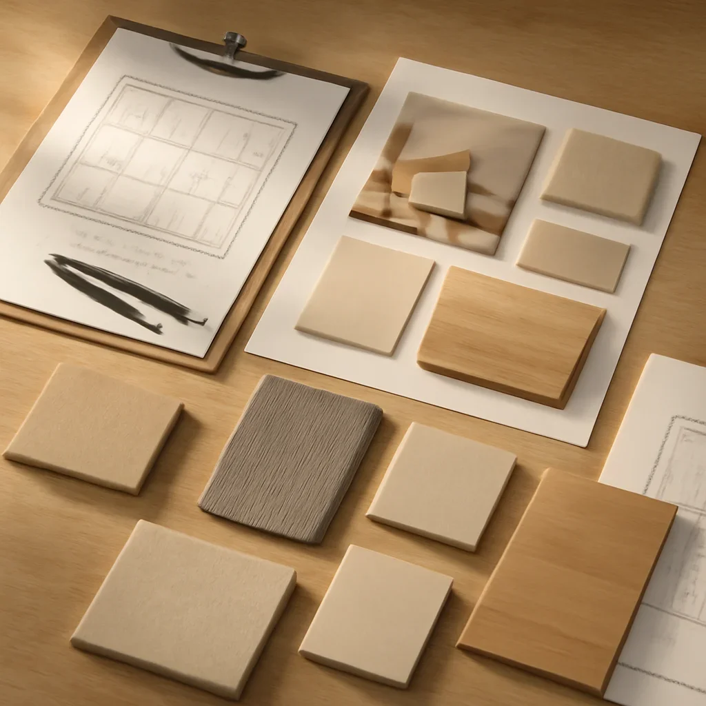Design planning materials and selections arranged for a features project.