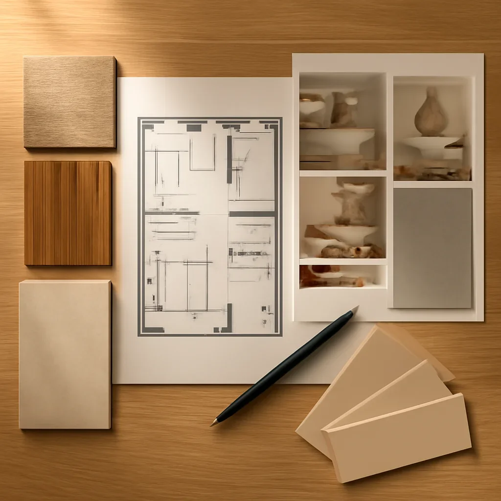 Design planning materials and selections arranged for a space planning project.