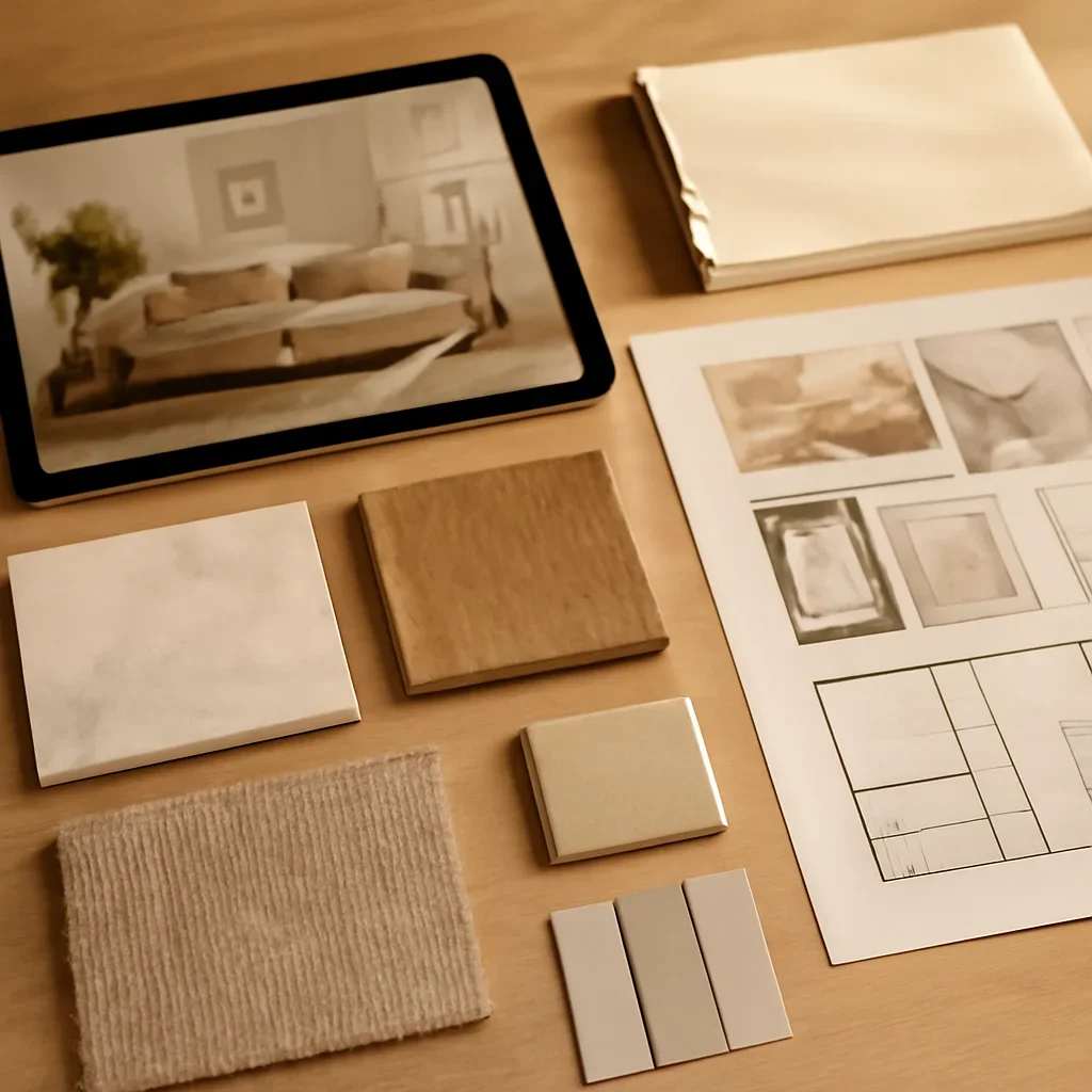 Design planning materials and selections arranged for a virtual interior design project.