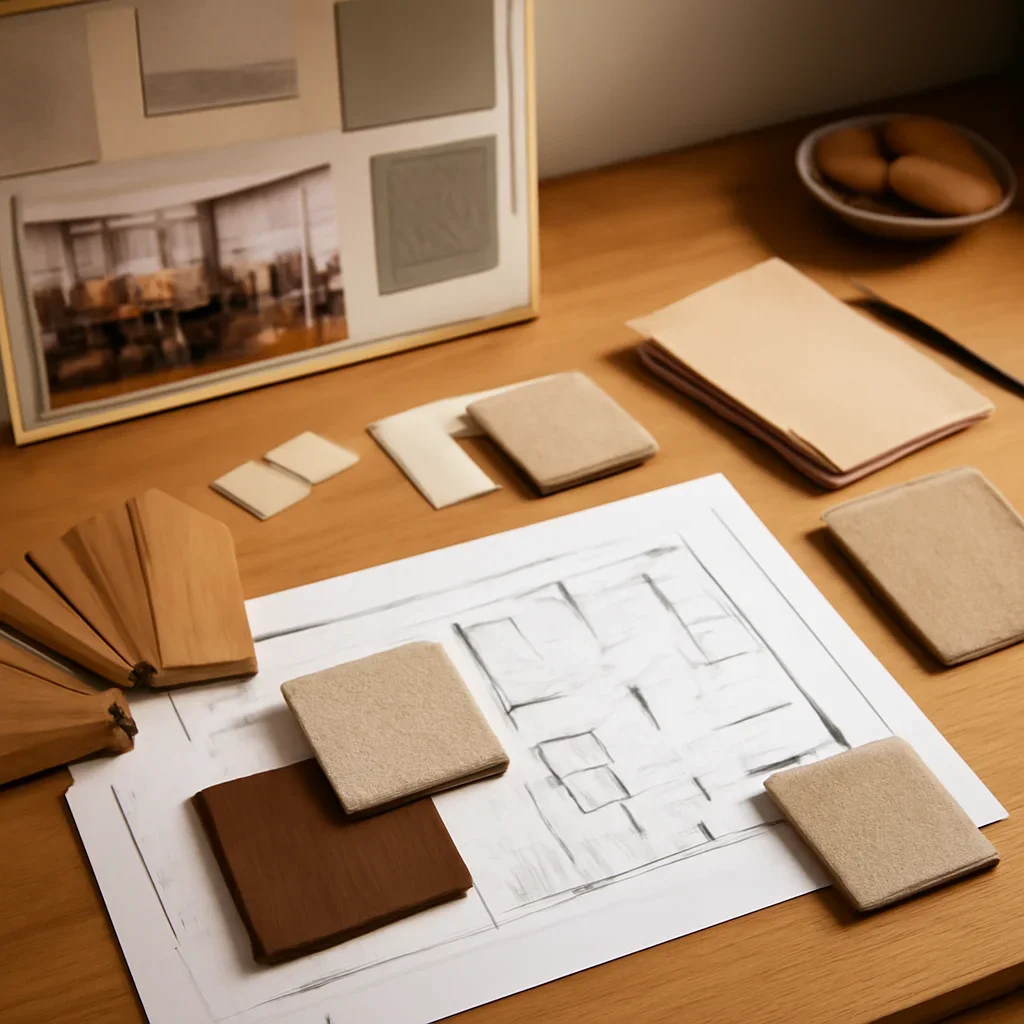 Design planning materials and selections arranged for a commercial office interior design project.