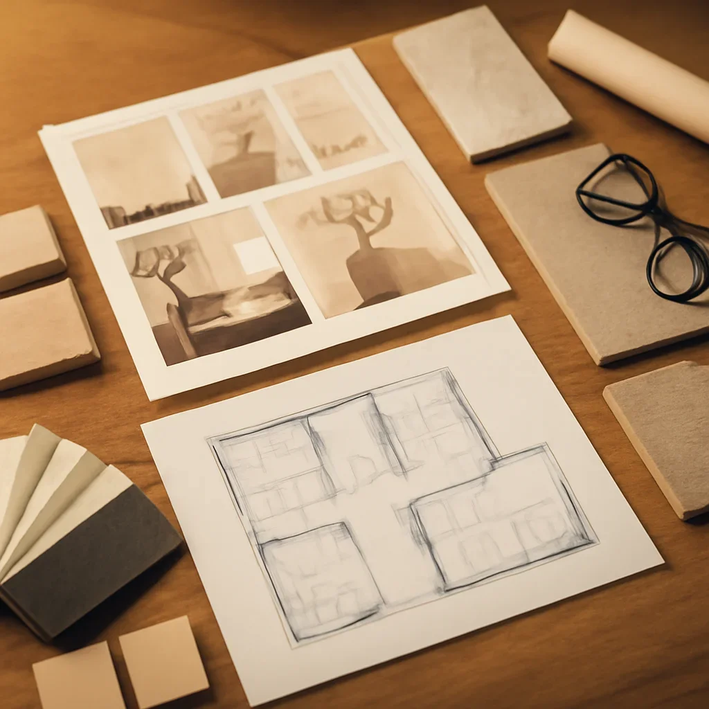 Design planning materials and selections arranged for a residential interior design project.