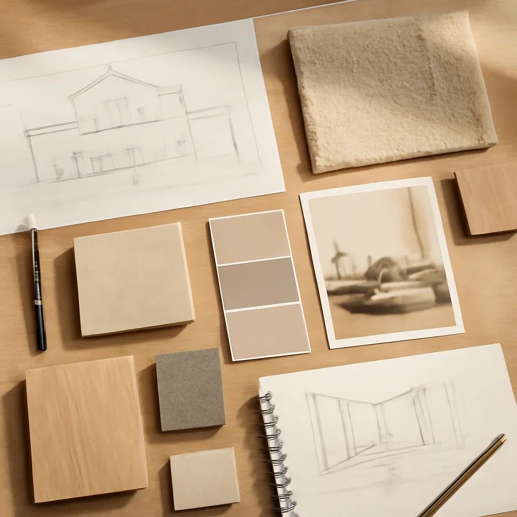 Design planning materials and selections arranged for a architect collaboration project.