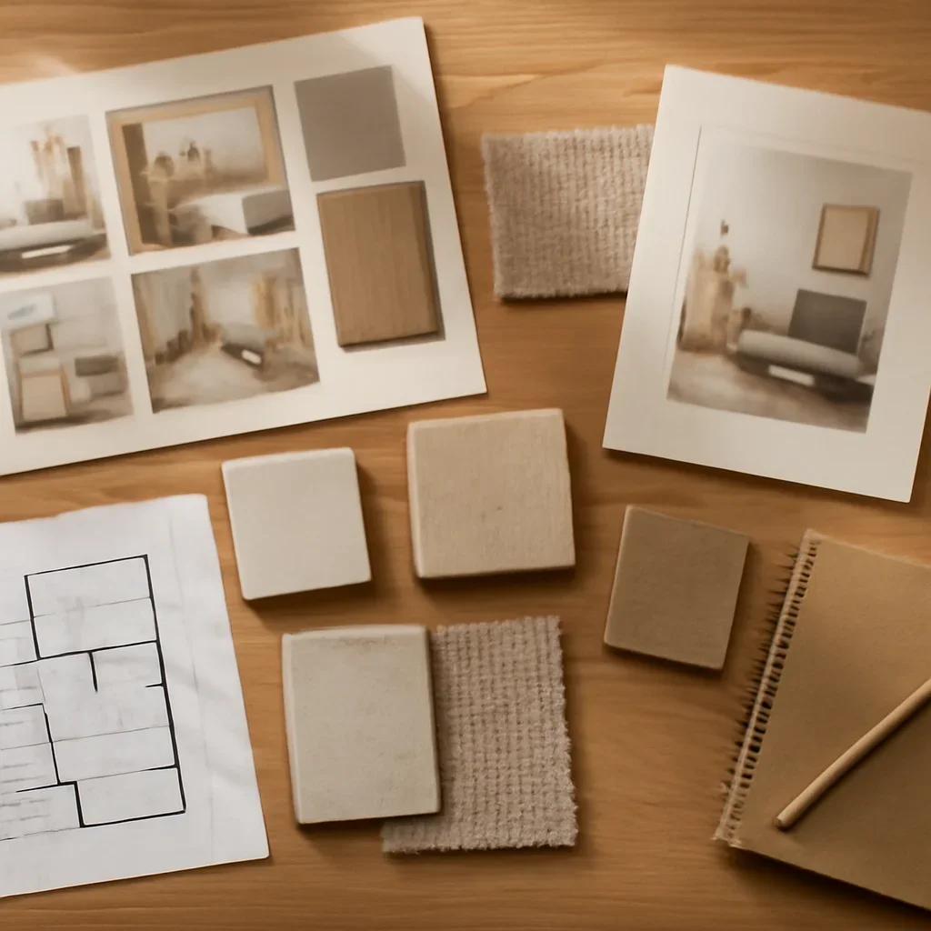Design planning materials and selections arranged for a contractor handoff project.