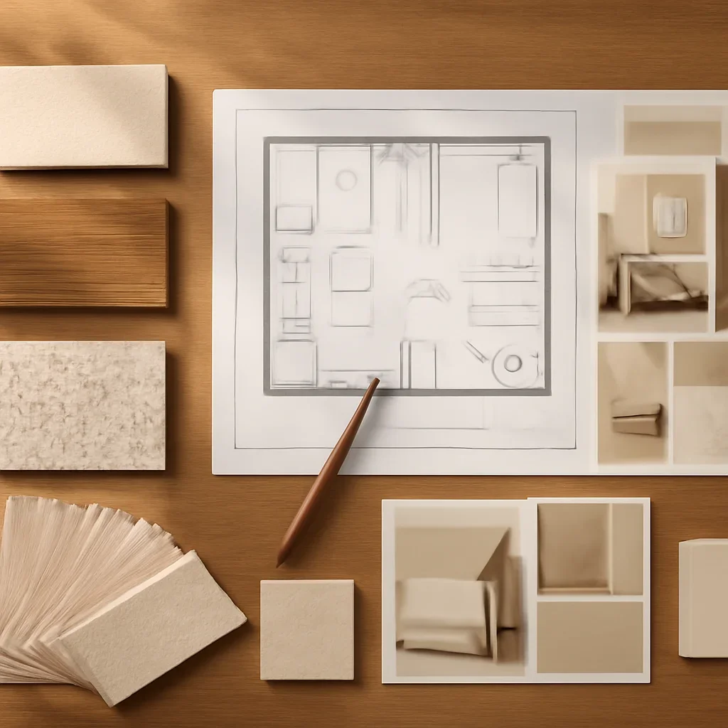 Design planning materials and selections arranged for a online interior design project.