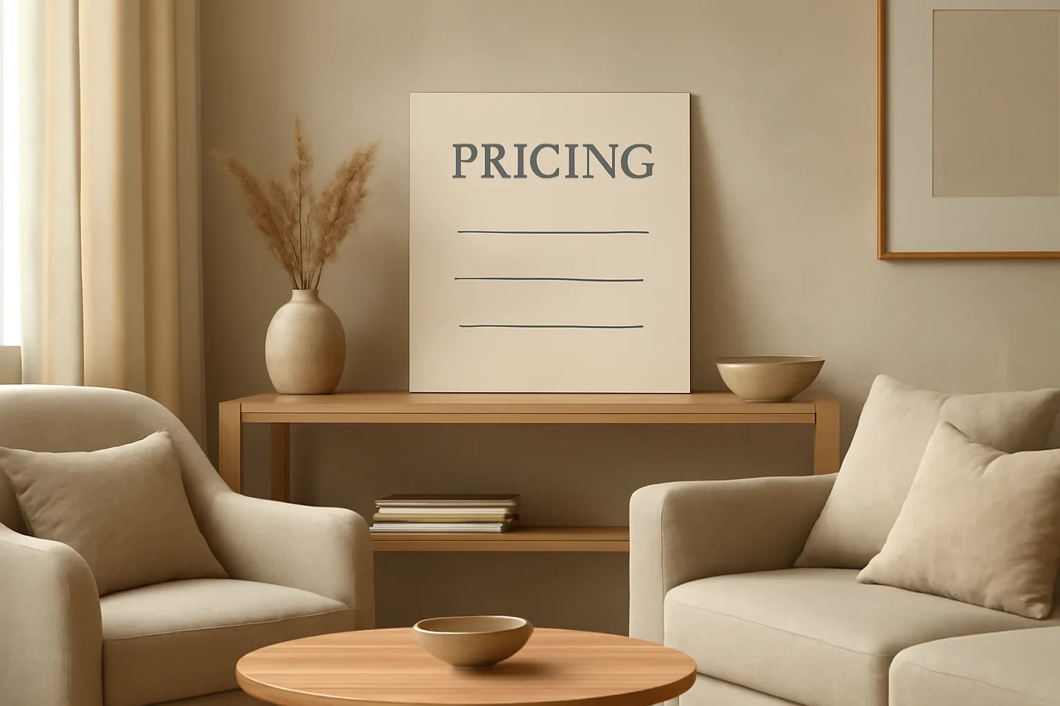 Pricing concept shown in a warm, thoughtfully layered interior.