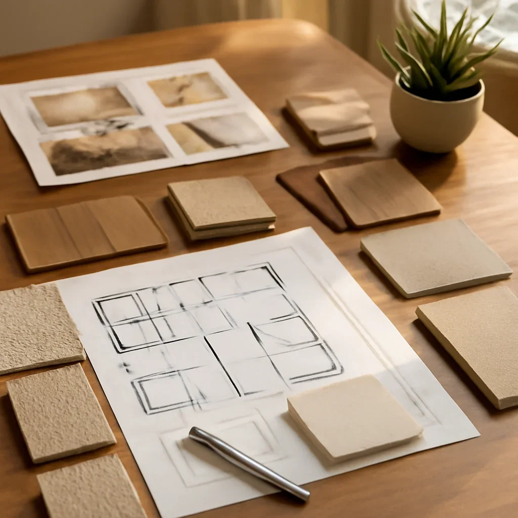 Design planning materials and selections arranged for a pricing project.