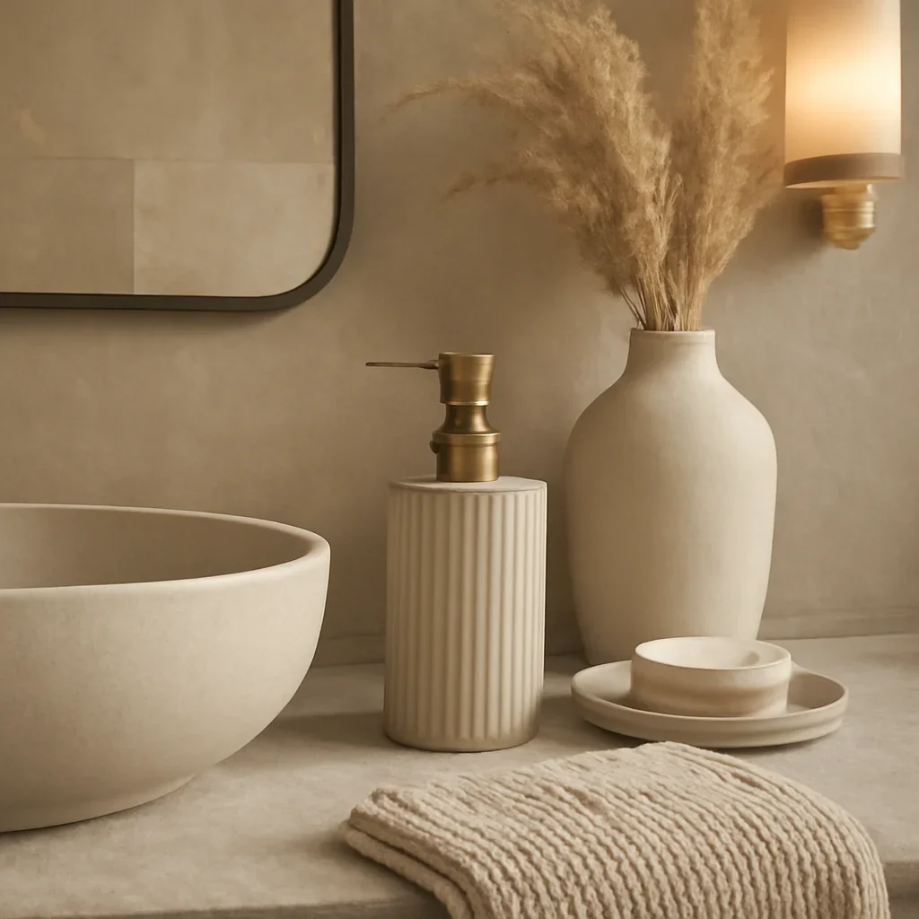 Close-up interior styling details that reflect the finish and mood of bathroom interior design.