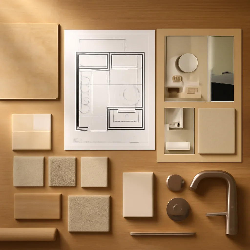 Design planning materials and selections arranged for a bathroom interior design project.