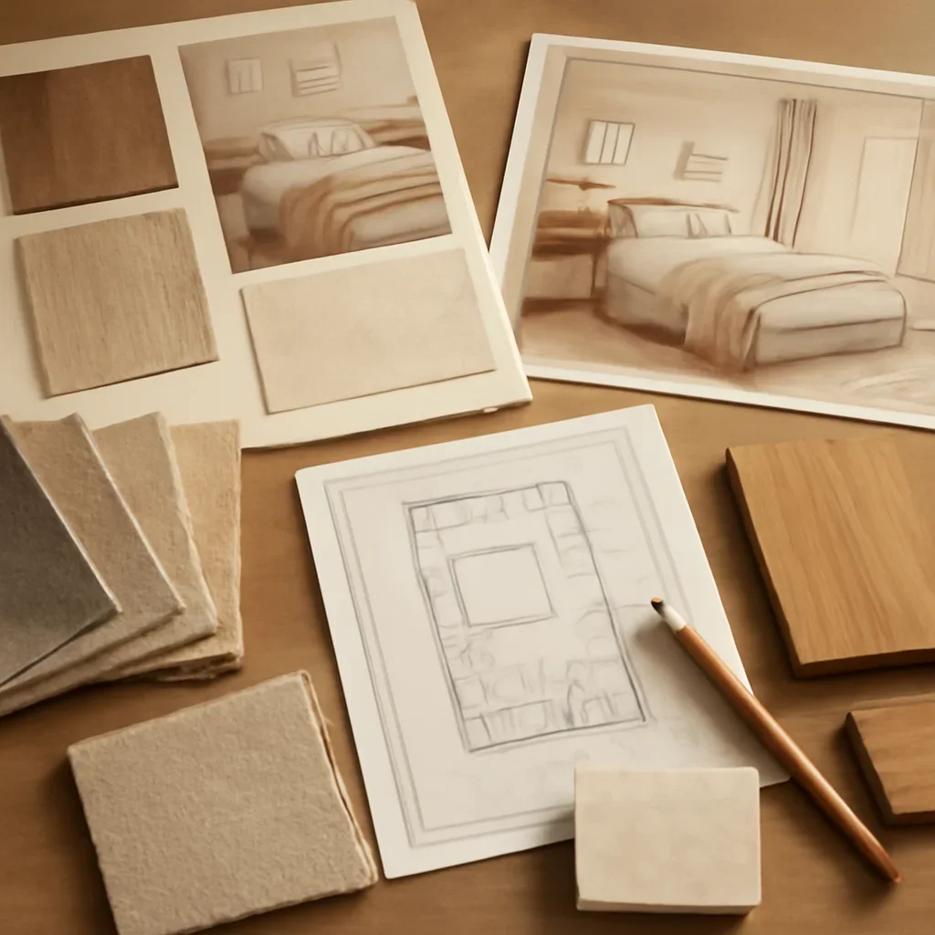 Design planning materials and selections arranged for a bedroom interior design project.
