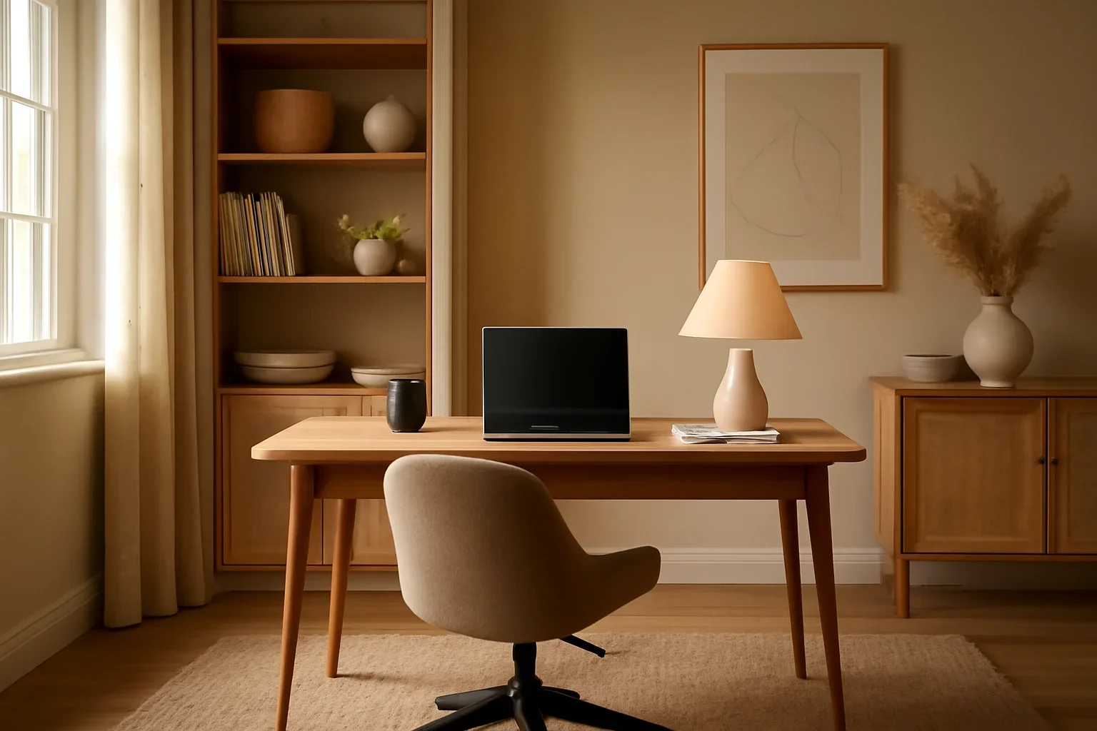 Home Office Interior Design concept shown in a warm, thoughtfully layered interior.