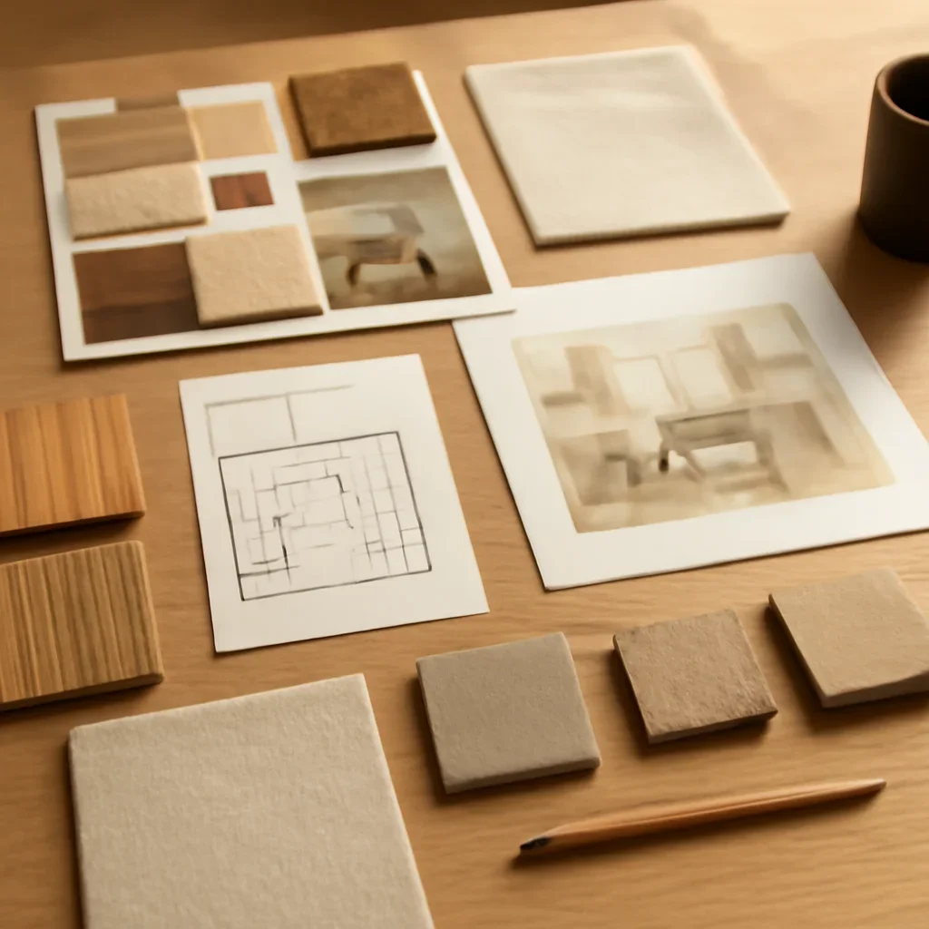 Design planning materials and selections arranged for a home office interior design project.