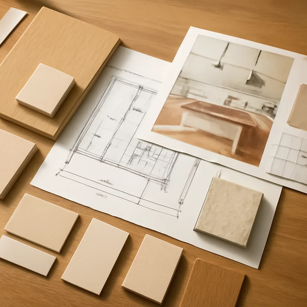 Design planning materials and selections arranged for a kitchen interior design project.